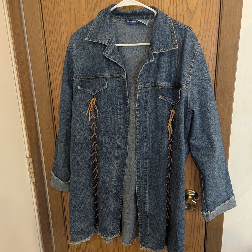 Indulgence Jeans Open Front Lace Up Distressed Hem Denim Jacket Cowgirl Chic XL